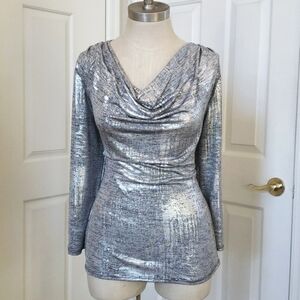 VINTAGE Liquid Silver Draped Neck Top Long Sleeves
